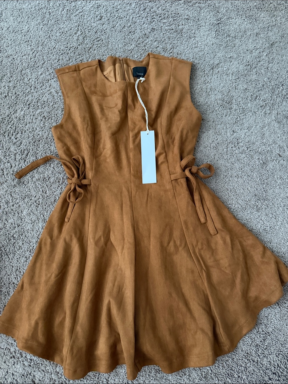 Women’s Suede Fit-and-Flare Dress in Cognac- size Large